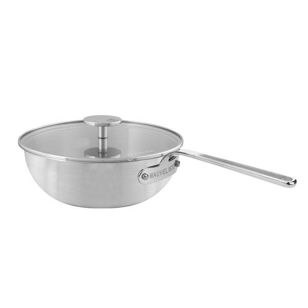 Mauviel M’Inox 360 Tri-Ply Brushed Stainless Steel Splayed Curved Saute Pan  With Glass Lid, Stainless Steel Handle